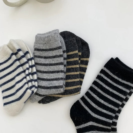 20% Rabbit Hair Women’s Winter Socks – Striped Cashmere Wool Long Thermal Crew Socks