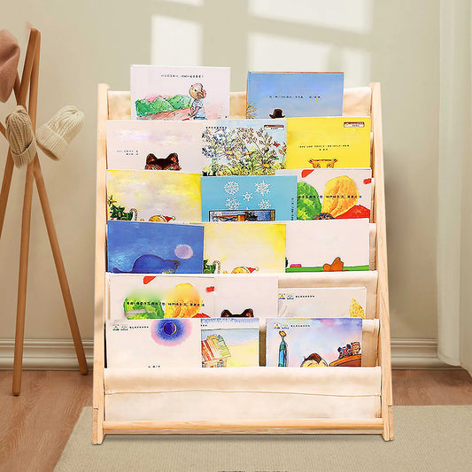 6-Tier Kids Bookshelf – Pine Wood Floor-Standing Bookcase (White/Log Color, 75×30×79cm)