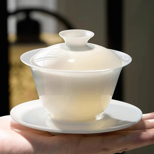 Suet Jade-Covered Three-Talent Tea Bowl – High-End White Porcelain Kung Fu Tea Set
