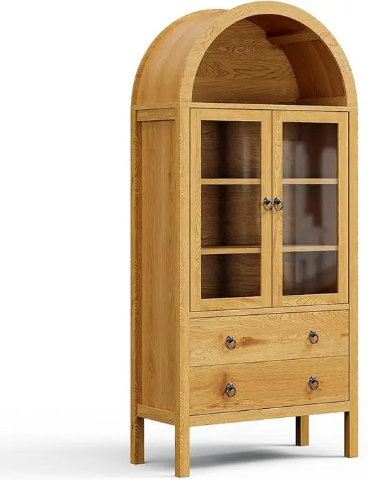 Arched Cabinet – 71" Tall Wooden Storage Cabinet with Glass Doors & Drawer
