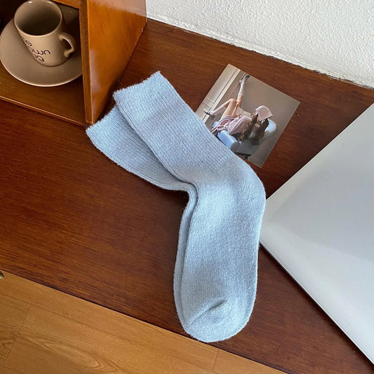 100% Cashmere Mid-Calf Socks – Korean Style Retro Wool Long Socks for Women