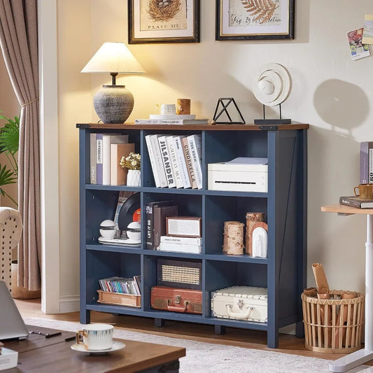 9-Cube Bookcase – 47" Wide Navy Blue Farmhouse Bookshelf with 3-Tier Open Storage
