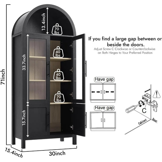 71" Tall Arched Display Cabinet – 5-Tier Modern Farmhouse Bookcase with Glass Doors
