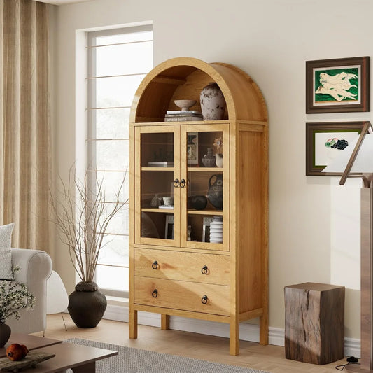 Arched Cabinet – 71" Tall Wooden Storage Cabinet with Glass Doors & Drawer