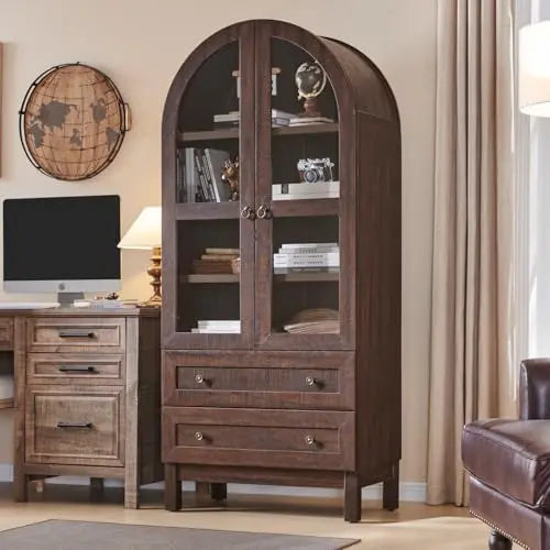 71" Tall Arched Bookshelf – 4-Tier Wooden Bookcase with Glass Doors & 2 Storage Drawers