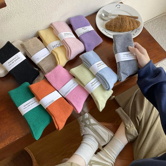 100% Cashmere Mid-Calf Socks – Korean Style Retro Wool Long Socks for Women