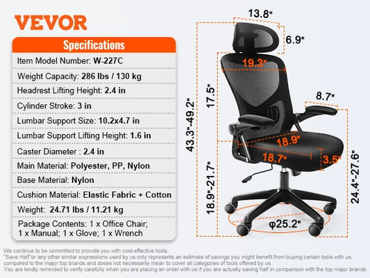 VEVOR Ergonomic Office Chair – Mesh Seat with Sliding Function & Adjustable Lumbar Support