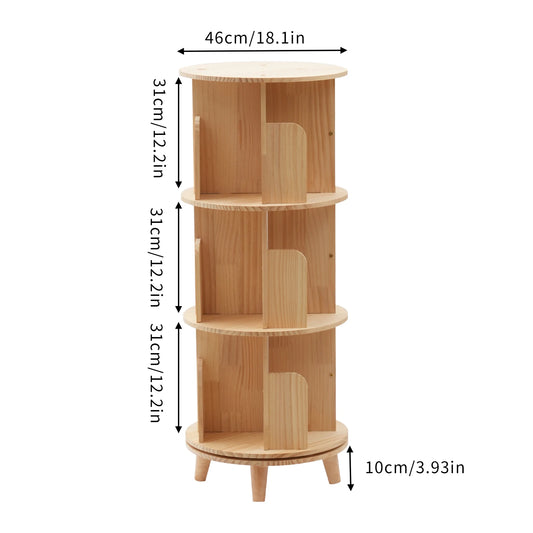 Wood 360° Rotating Bookshelf – 3-Tier Floor Standing Bookcase Storage Rack