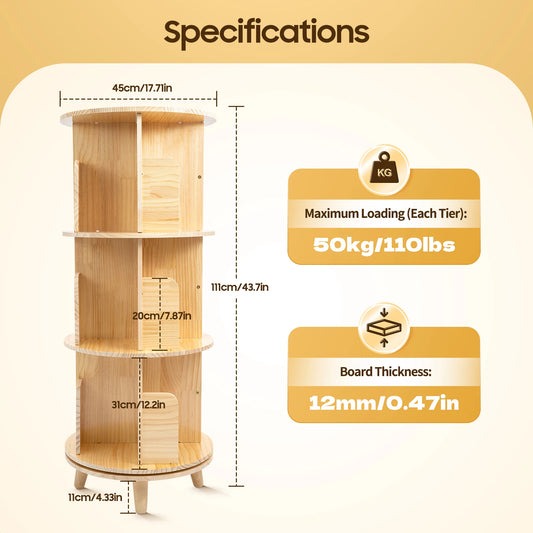 Wood 360° Rotating Bookshelf – 3-Tier Floor Standing Bookcase Storage Rack
