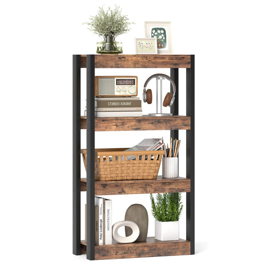 4 Tier Bookshelf Wooden Bookcase with Dual Anti-Tipping Kits Open Shelving Unit