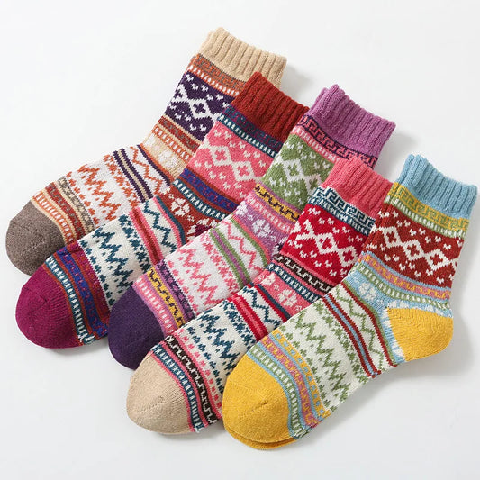 5 Pairs Women Socks Autumn Winter Thickened Warm Soft Comfortable Fashion Middle Socks Women Calf Socks Retro Ethnic Socks