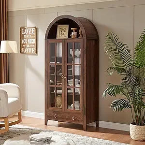 71" Tall Arched Display Cabinet – 5-Tier Modern Farmhouse Bookcase with Glass Doors