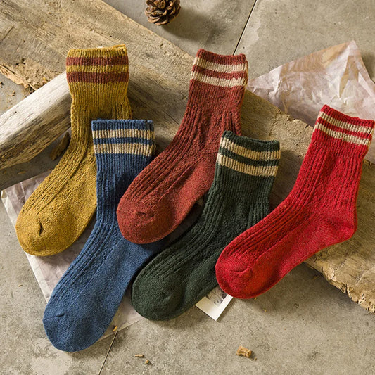 New Ladies Thickened Warm Rabbit Wool Socks – Japanese Style Striped Winter Socks for Women