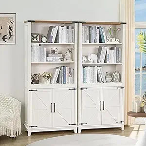5-Tier Bookshelf – 70in Tall White Farmhouse Bookcase with Barn Doors & Storage Cabinet