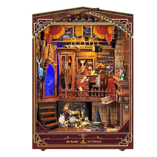 DIY Wooden Book Nook Shelf Insert Kit – Magic Studio Miniature Model with Light