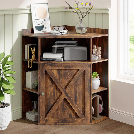 Corner Cabinet with USB Ports & Outlets – Industrial Wooden Storage Shelf for Small Spaces