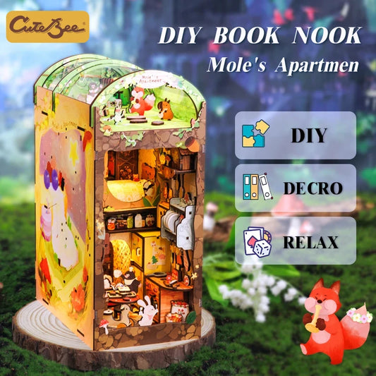CUTEBEE DIY Book Nook – Mole's Apartment Miniature Dollhouse with Touch Light