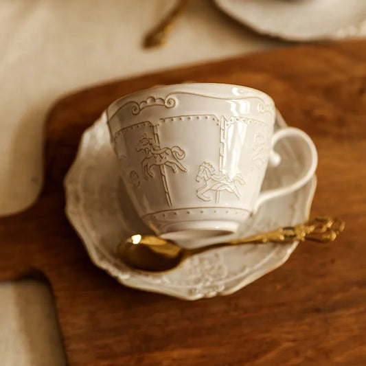 Vintage Relief Carousel Coffee Cup & Saucer Set – Exquisite Ceramic Mug for Latte, Tea & Gifts