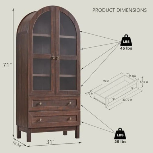 71" Tall Arched Bookshelf – 4-Tier Wooden Bookcase with Glass Doors & 2 Storage Drawers