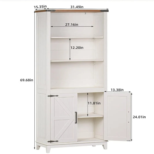 5-Tier Bookshelf – 70in Tall White Farmhouse Bookcase with Barn Doors & Storage Cabinet